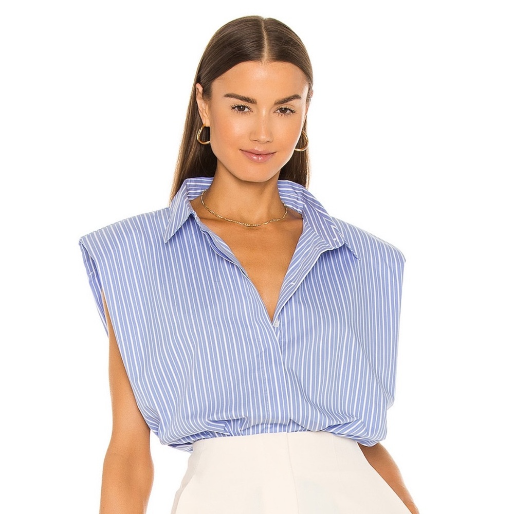 NWT || Bardot Stripe Shoulder Pad Shirt in Blue Stripes